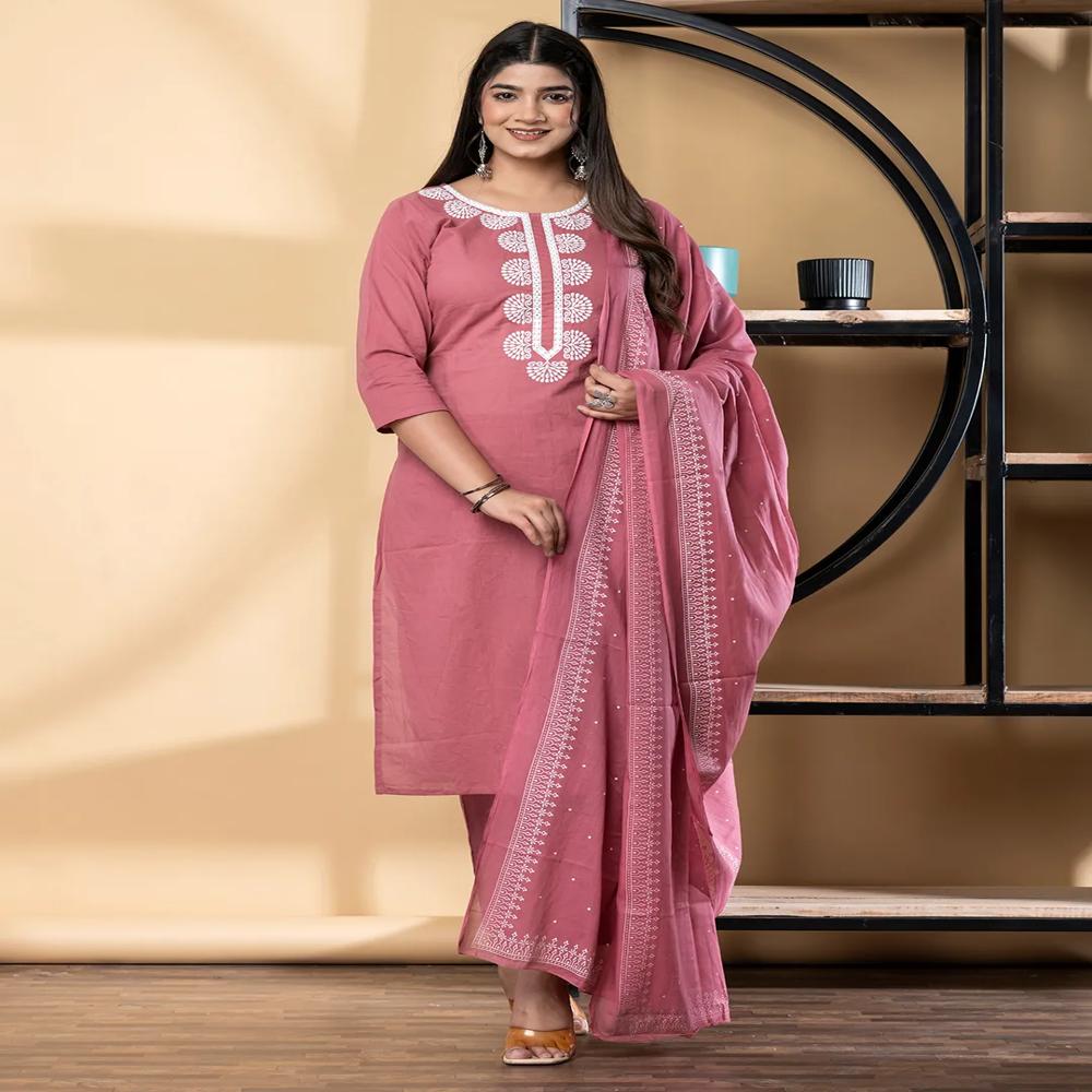 Straight Style Cotton Blend Fabric Maroon Color Kurta And Bottom With Dupatta