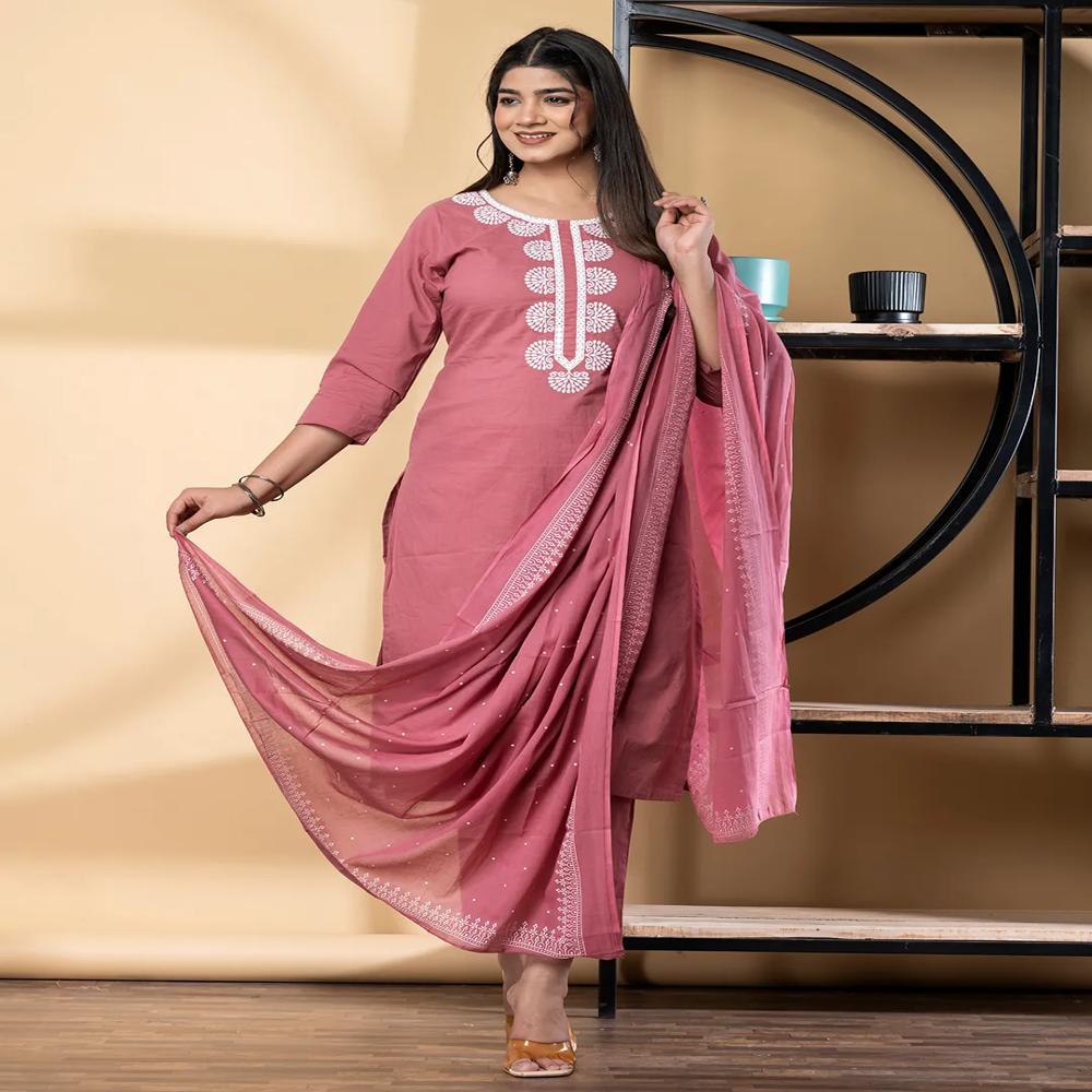 Straight Style Cotton Blend Fabric Maroon Color Kurta And Bottom With Dupatta