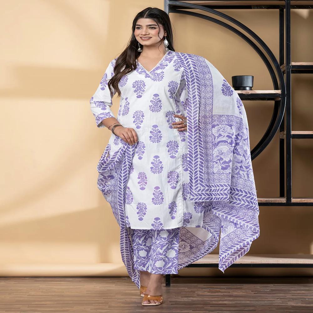 Straight Style Cotton Blend Fabric Purple Color Kurta And Bottom With Dupatta