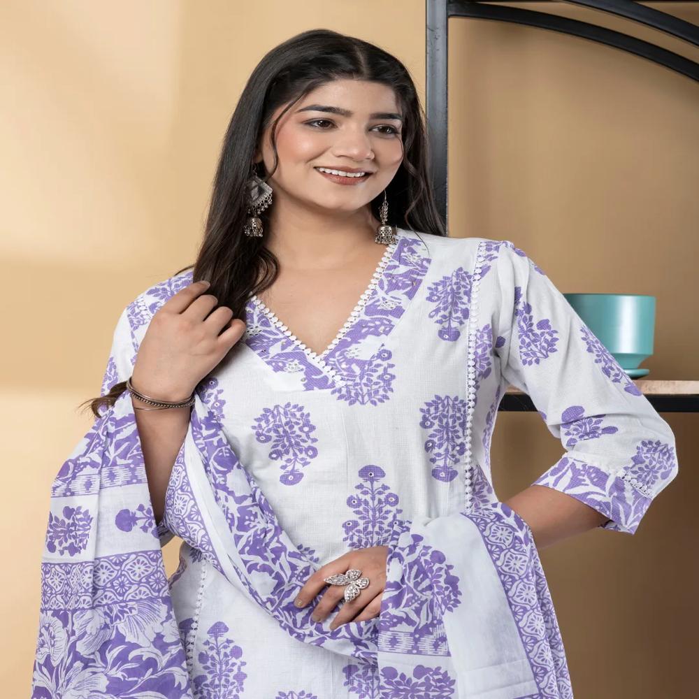 Straight Style Cotton Blend Fabric Purple Color Kurta And Bottom With Dupatta