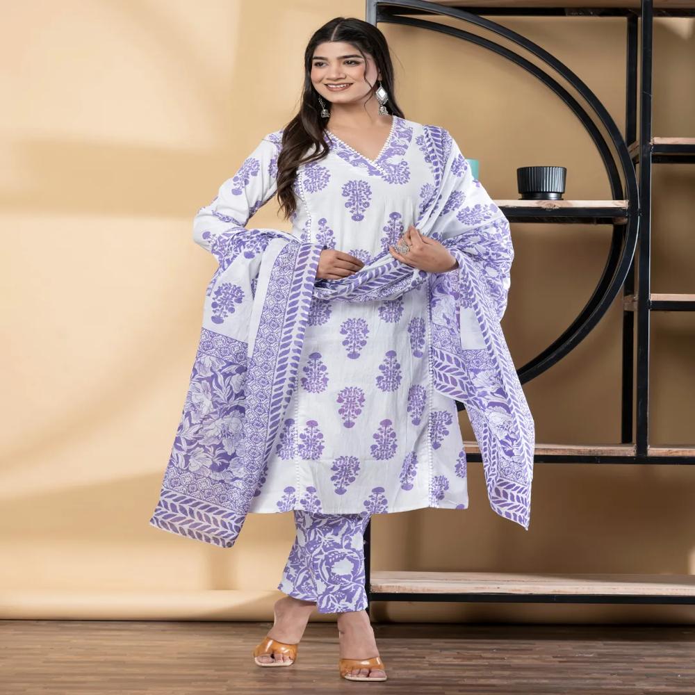 Straight Style Cotton Blend Fabric Purple Color Kurta And Bottom With Dupatta