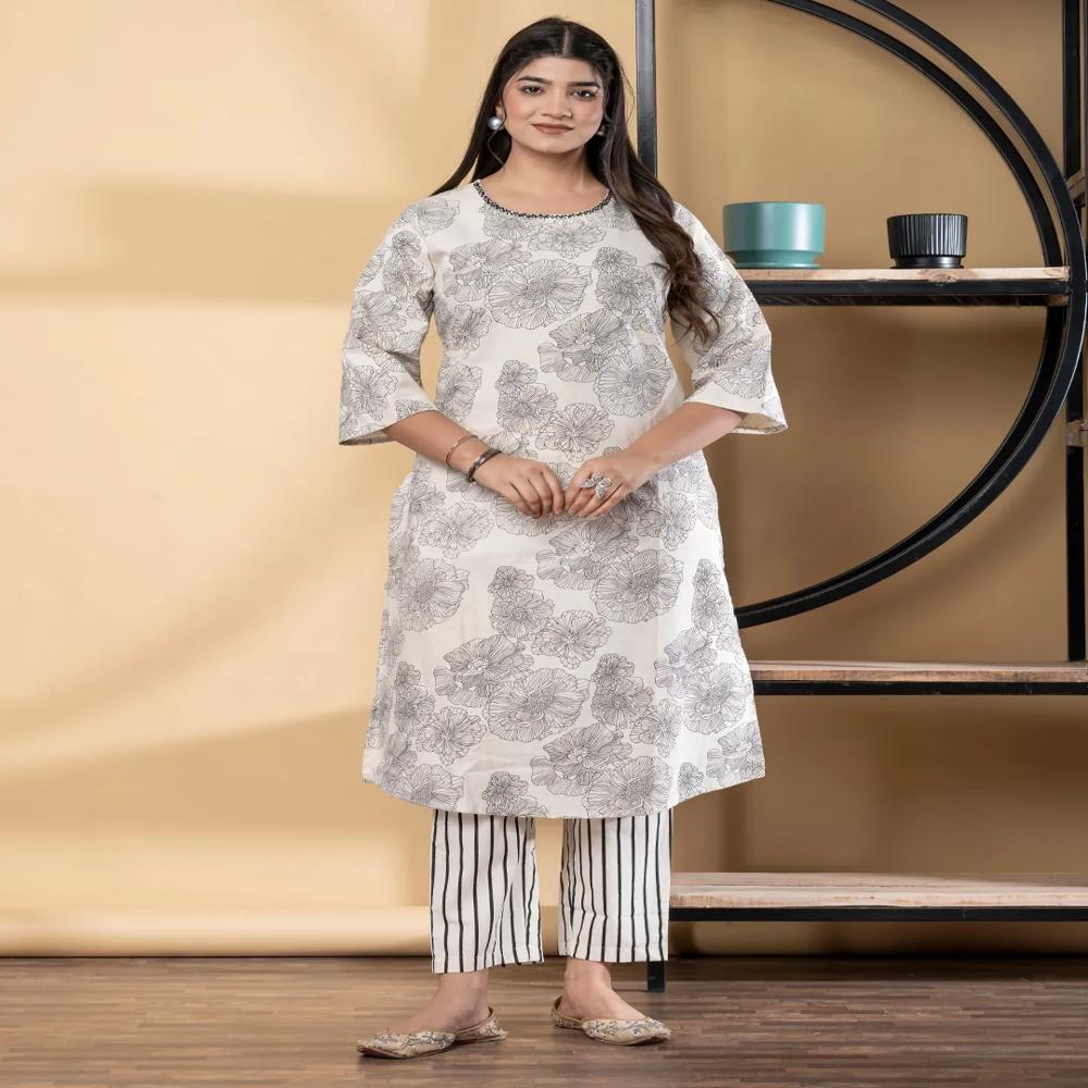 Straight Style Cotton Flex Fabric Black Color Kurta And Bottom