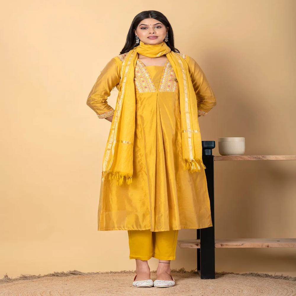 Anarkali Style Chanderi Silk Fabric Mustard Color Kurta And Bottom With Dupatta