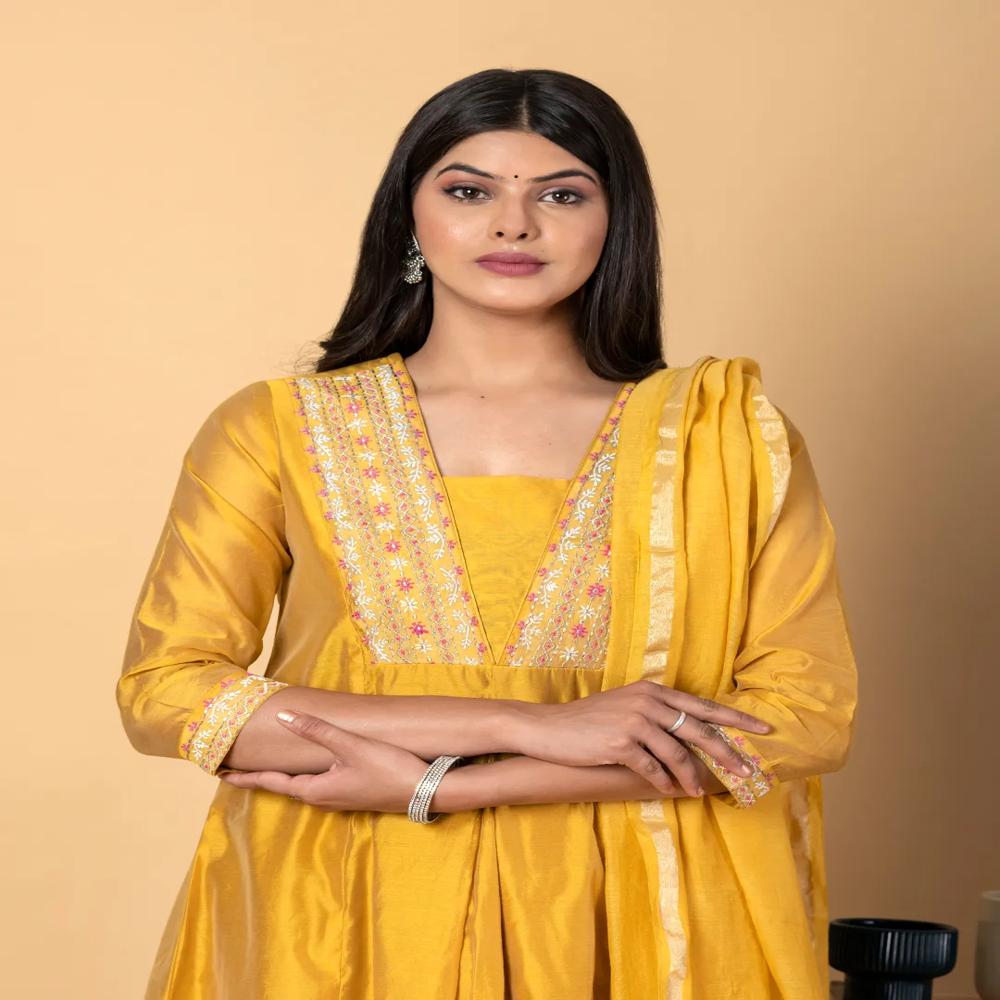 Anarkali Style Chanderi Silk Fabric Mustard Color Kurta And Bottom With Dupatta