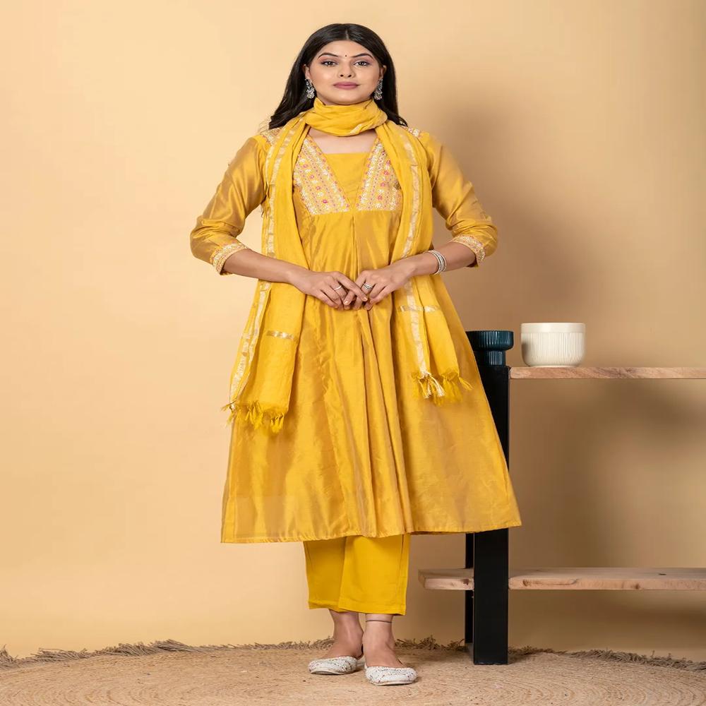 Anarkali Style Chanderi Silk Fabric Mustard Color Kurta And Bottom With Dupatta