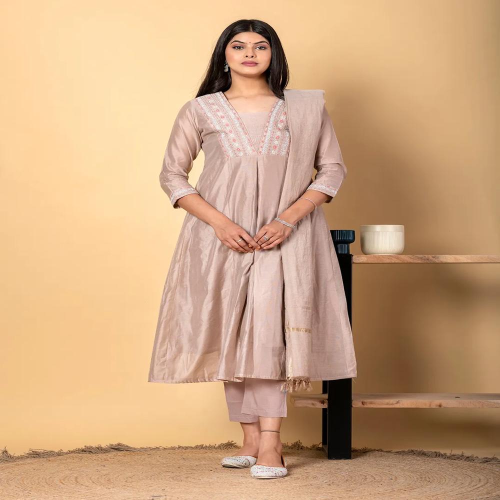 Anarkali Style Chanderi Silk Fabric Beige Color Kurta And Bottom With Dupatta