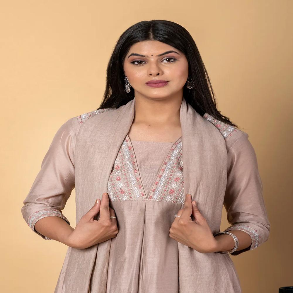 Anarkali Style Chanderi Silk Fabric Beige Color Kurta And Bottom With Dupatta