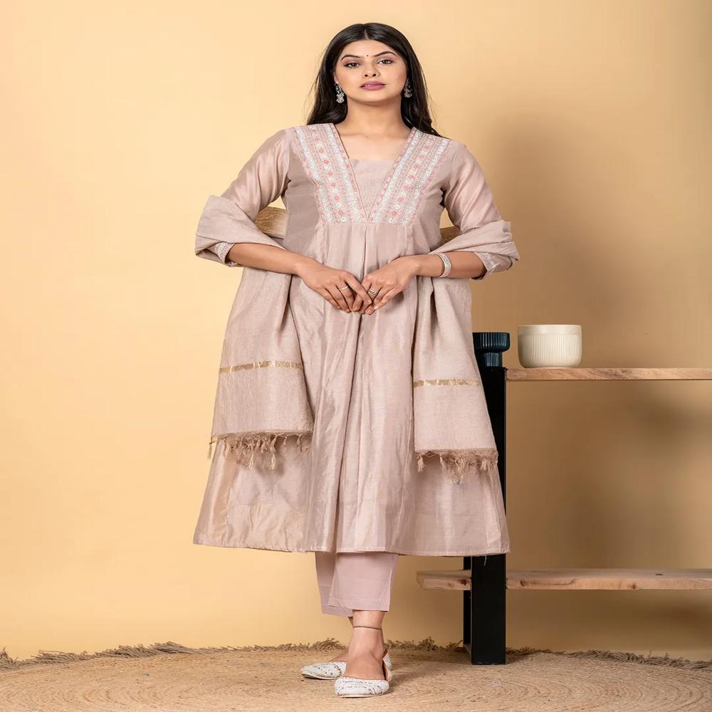 Anarkali Style Chanderi Silk Fabric Beige Color Kurta And Bottom With Dupatta