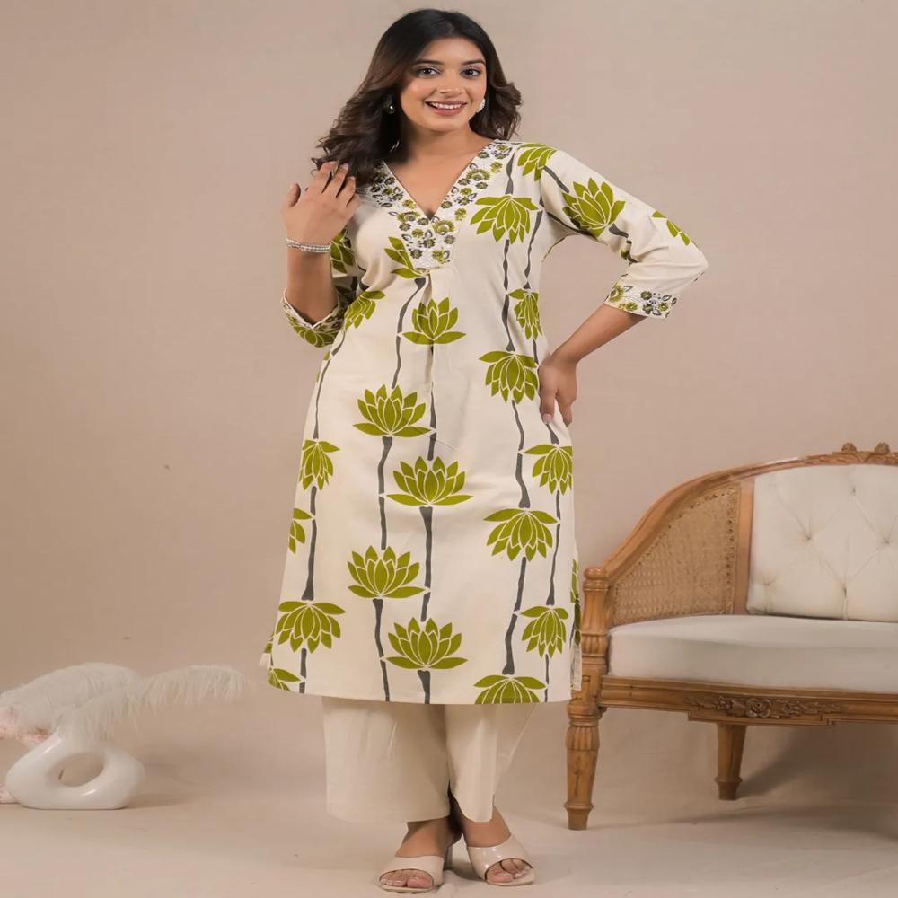 Straight Style Cotton Flex Fabric Green Color Kurta With Bottom