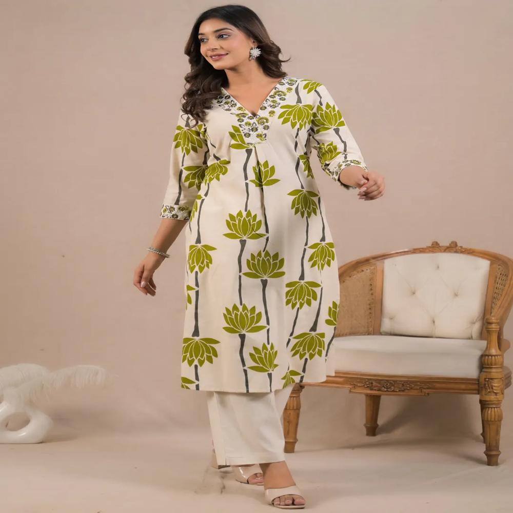 Straight Style Cotton Flex Fabric Green Color Kurta With Bottom