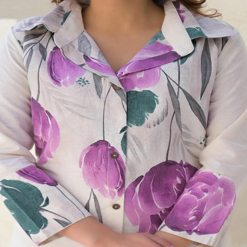 Curved Style Cotton Flex Fabric Off White Color Co-Ord Set