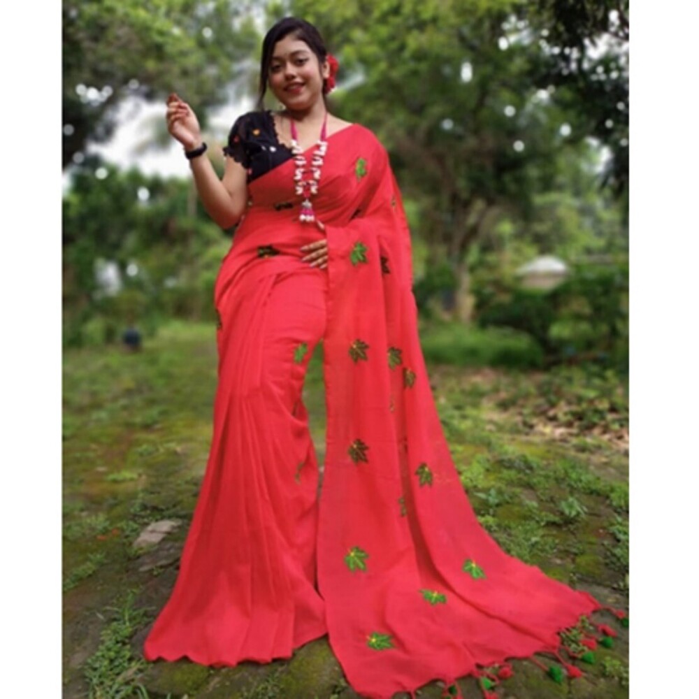 Ladies Khadi Hand Printed Saree - Color: Red