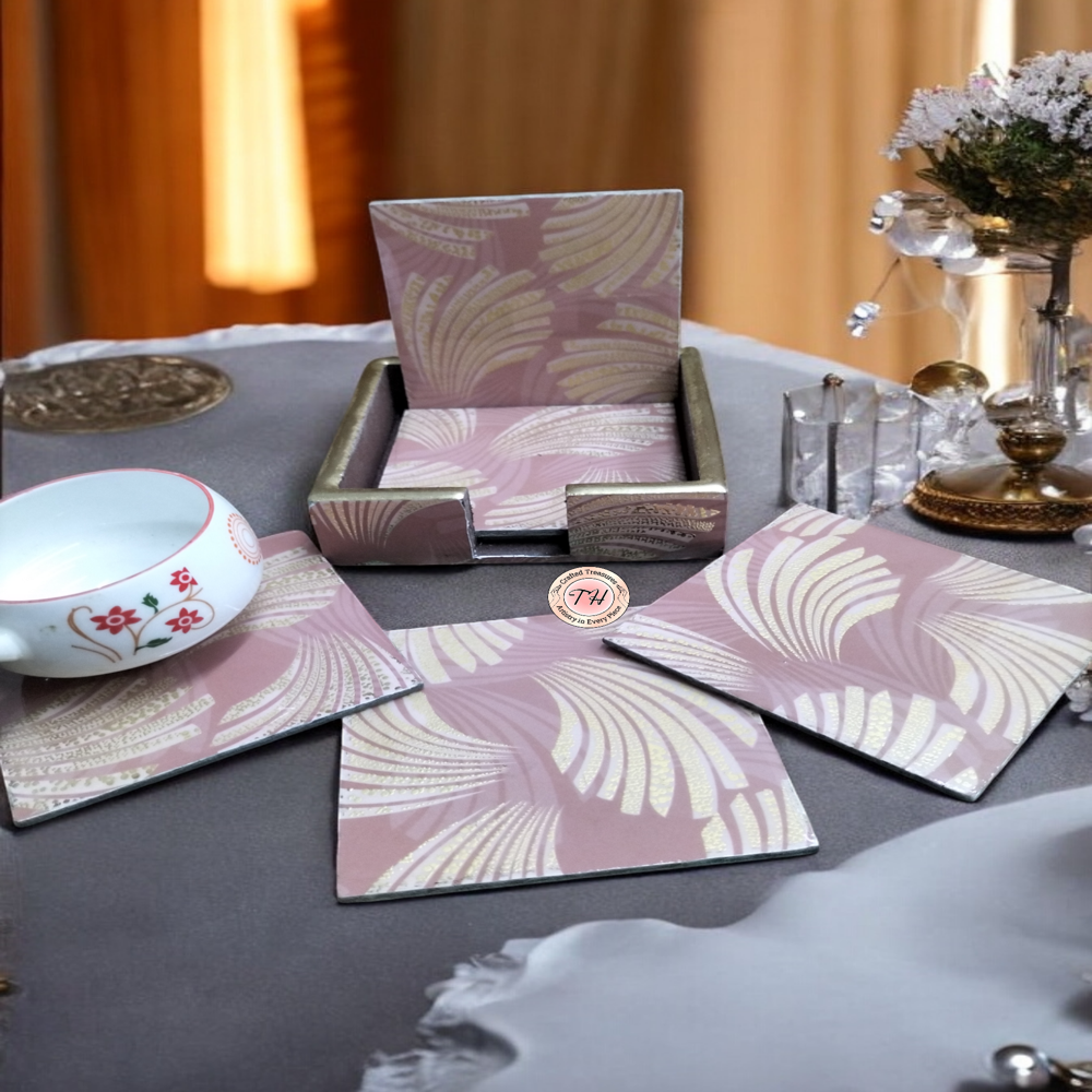 Wooden Meena gold print tea coaster