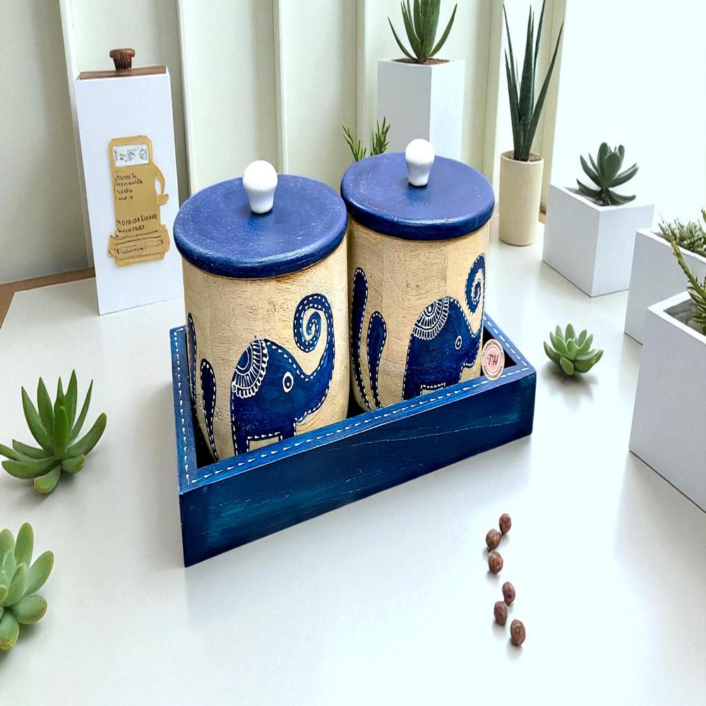 Wooden Jar With Tray - Color: Multicolor