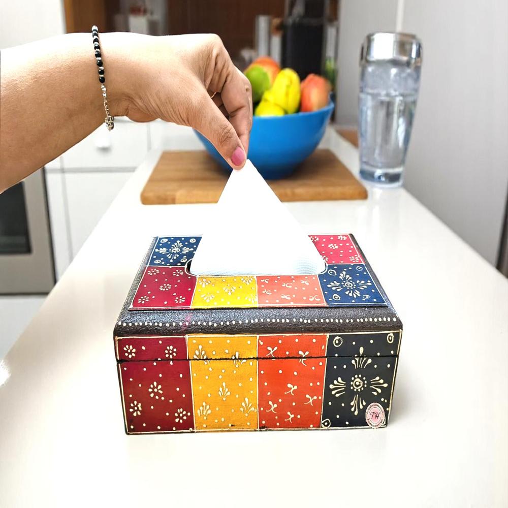 Wooden Hand Painted Tissue Box - Color: Multicolor
