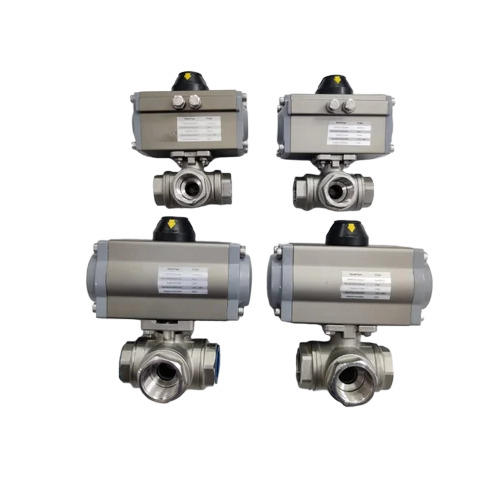 Pneumatic Actuator Operated 3 Way Ball Valve - Color: Silver