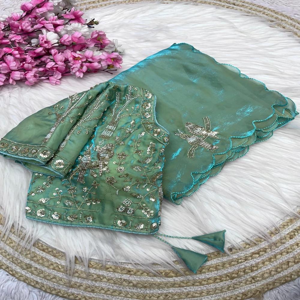 Indian Designer Traditional Saree - Color: Green-Blue-Red