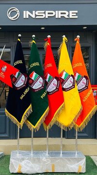 5 Pole Flags - Velvet/blazer Cloth, Custom Embroidery With School Logos, Multi-color Options, Golden Zari Fringe Border, Durable Mounts