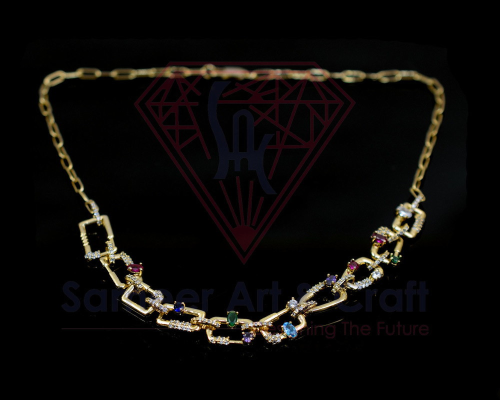 Elegant Gold Plated With Sparkling Round & Marquise Cubic Zirconia Stones Trendy 18 Inch Necklace - Color: Multicolor