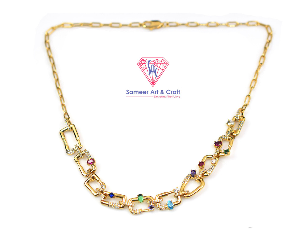 Elegant Gold Plated With Sparkling Round & Marquise Cubic Zirconia Stones Trendy 18 Inch Necklace - Color: Multicolor