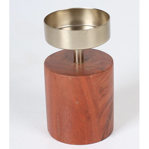 Wood-Iron Pillar Candle Holder - Dimension (L*W*H): 3.6X3.6X6.4A Ht Inch (In)
