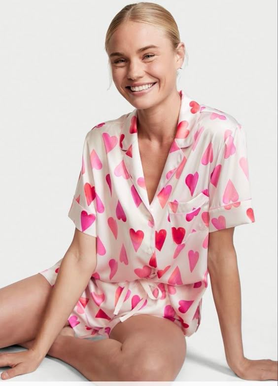 Pink red hearts satin shorts set