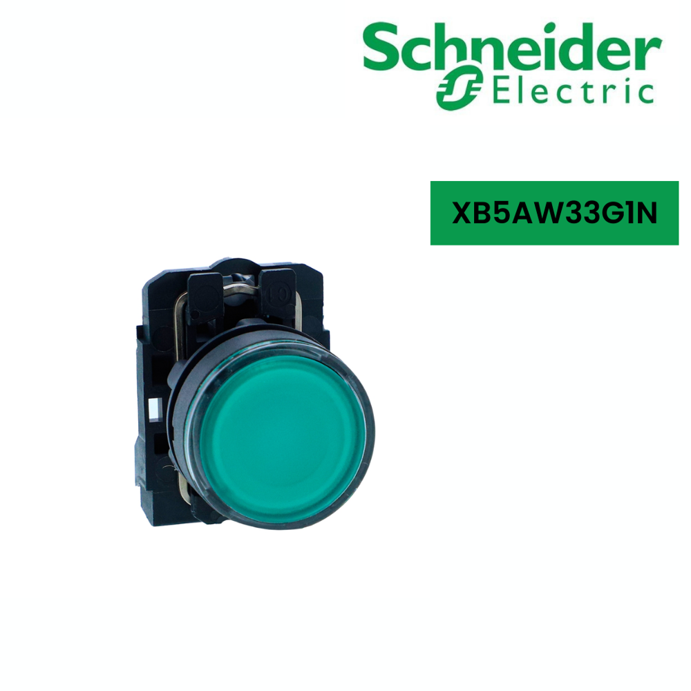 XB5AW33G1N-Illuminated pushbutton, Harmony XB5N XB7N, plastic, flush, green, 22mm, spring return, 110V AC, 1 NO