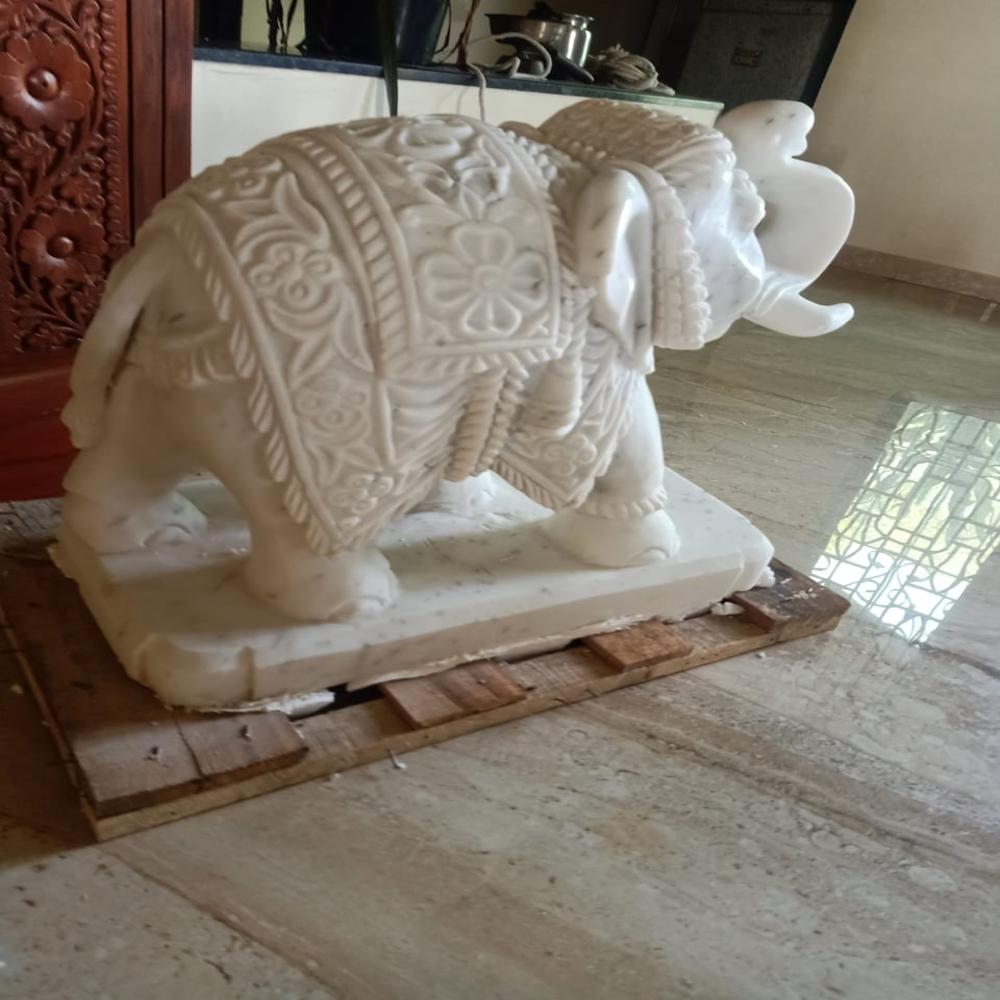 Marble Elephant Statue - White Marble, 2.5 Feet Tall | Waterproof, Smooth Surface Texture, Polished Finish For Interior Decor