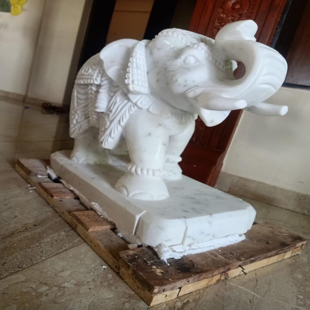 Marble Elephant Statue - White Marble, 2.5 Feet Tall | Waterproof, Smooth Surface Texture, Polished Finish For Interior Decor