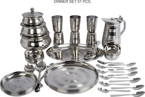 Dinner Set - 22 Gauge Stainless Steel, Polished Finish, Rust Proof, Luxurious Silver, 51-Piece for Up to 6 People
