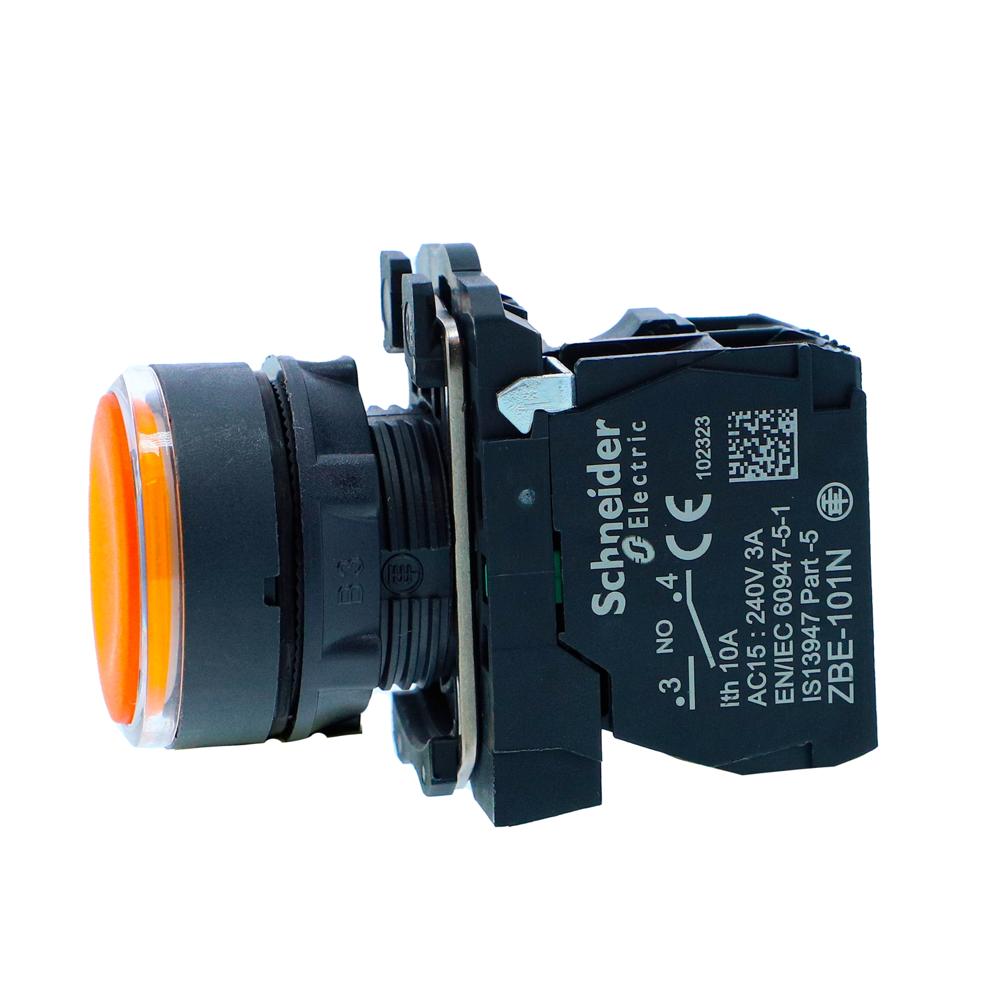 Xb5aw38m1n-illuminated Pushbutton, Harmony Xb5n Xb7n, Plastic, Flush, Amber, 22mm, Spring Return, 230v Ac, 1 No - Color: Amber