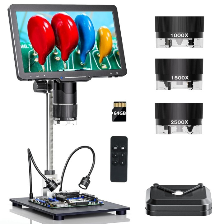2500x 10.1 Inch Digital Microscope - 3 Interchangeable Lenses, Adjustable LED Light, USB/HDMI Connectivity, Portable Design