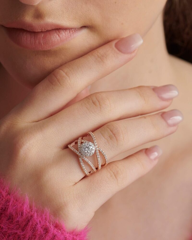 Round Cut Lab Grown Diamond Criss Cross Engagement Ring