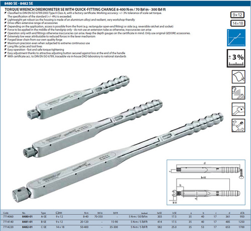 Gedore Torque  Wrench Dremometer Se  With Quick- Fitting Change 8-400N-M / 70 Ilb. In 300 Ibf-Ft Handle Material: Steel