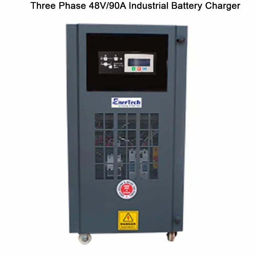 Three Phase 48V/90A Industrial Battery Charger - Features: Over Voltage Protection Short Circuit Protection Reverse Polarity Protection Auto Cut-Off When Fully Charged Digital Display Fan Cooling
