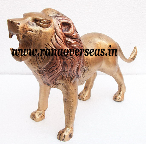 Golden Antique Finish Aluminium Metal Lion For Home Decoration In 12 X 21 Inches