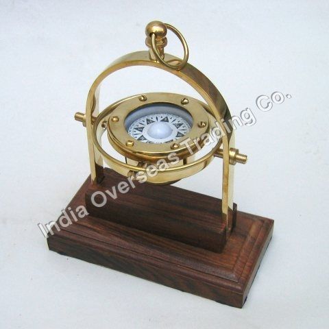 Nautical Solid Brass Gimbell Compass With Wooden Base 7.5"