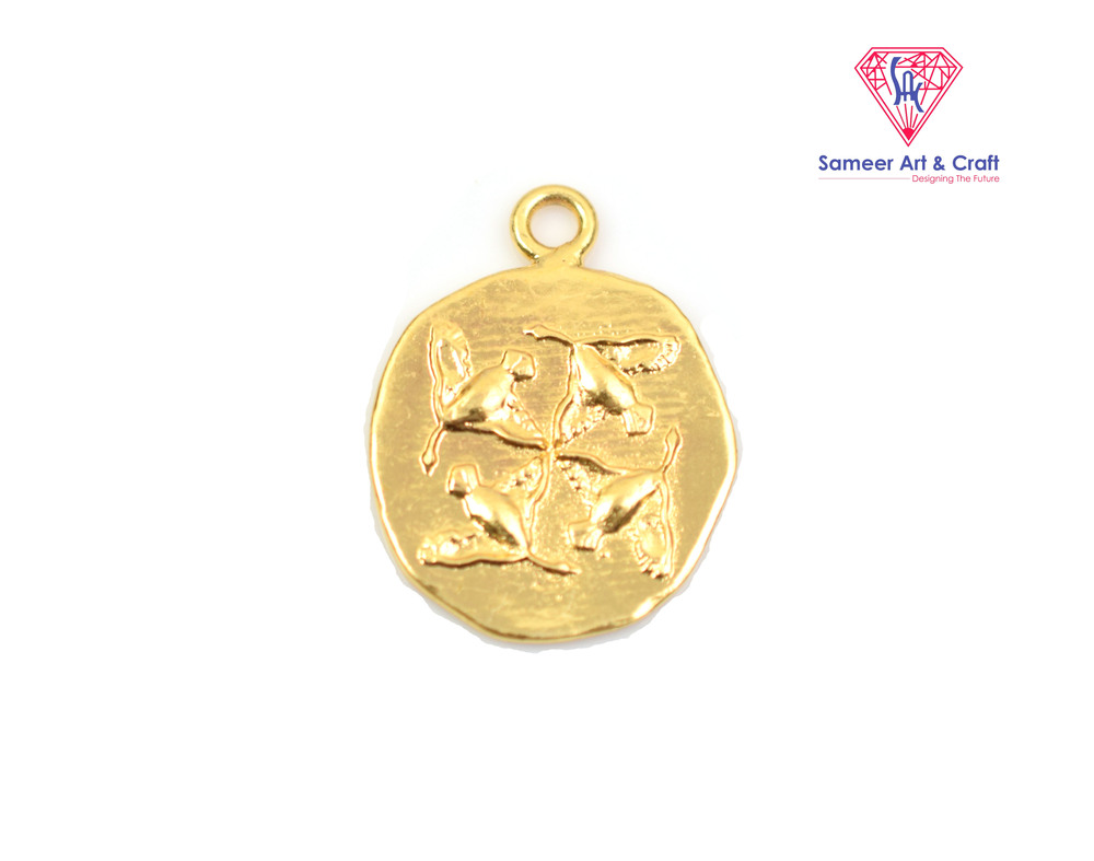 Minimalistic Brass With Gold Plated Bird Engraved Design Coin Charm Pendant