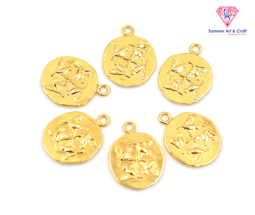 Minimalistic Brass With Gold Plated Bird Engraved Design Coin Charm Pendant