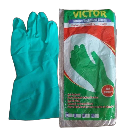 Green Nitrile With Flock Lined Hand Gloves - Feature: Water Proof