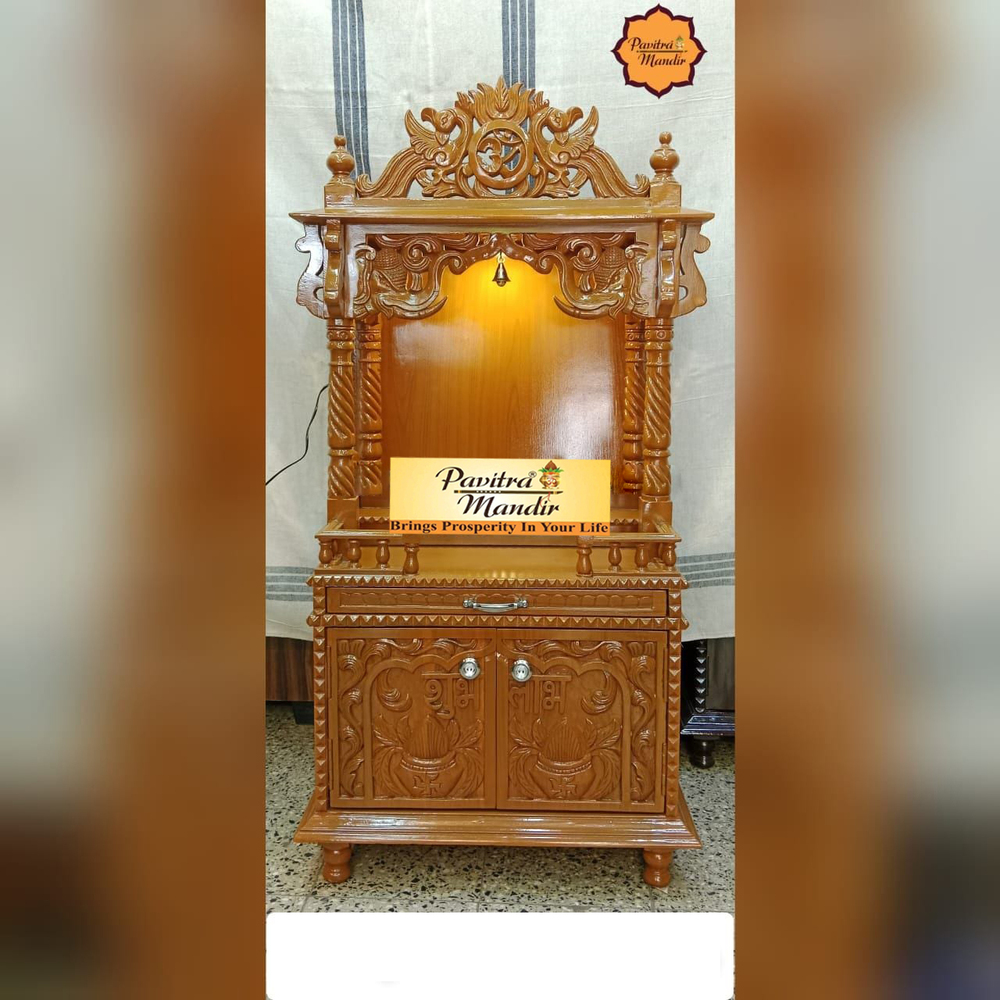 21" X 16" X 44" Burma Teakwood Carving Temple (Natural Polish) (With Small Cabinet) (Full Carving Design) - Color: Natural Brown