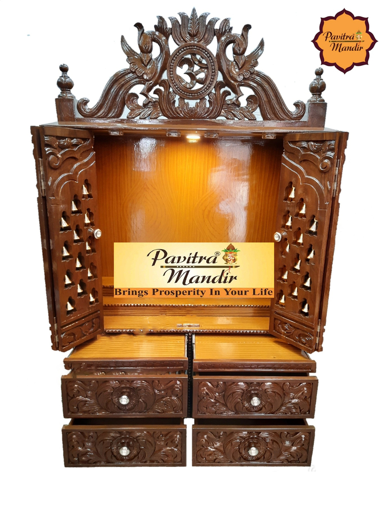 36" X 17" X 72" Burma Teakwood Carving Temple (Natural Polish) (With Door) (With 4 Big Drawer) - Color: Brown