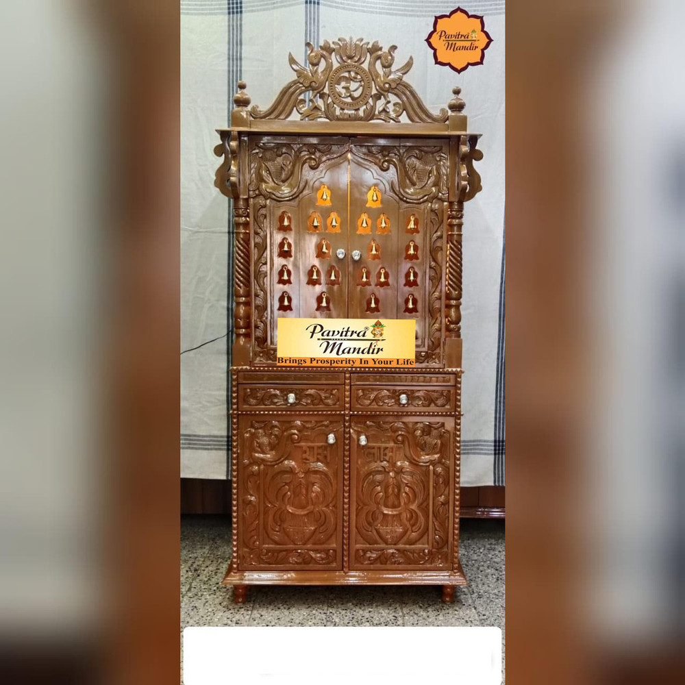 33" X 17" X 72" Burma Teakwood Temple (Natural Polish) (Door Design) (With Big Cabinet) - Color: Brown