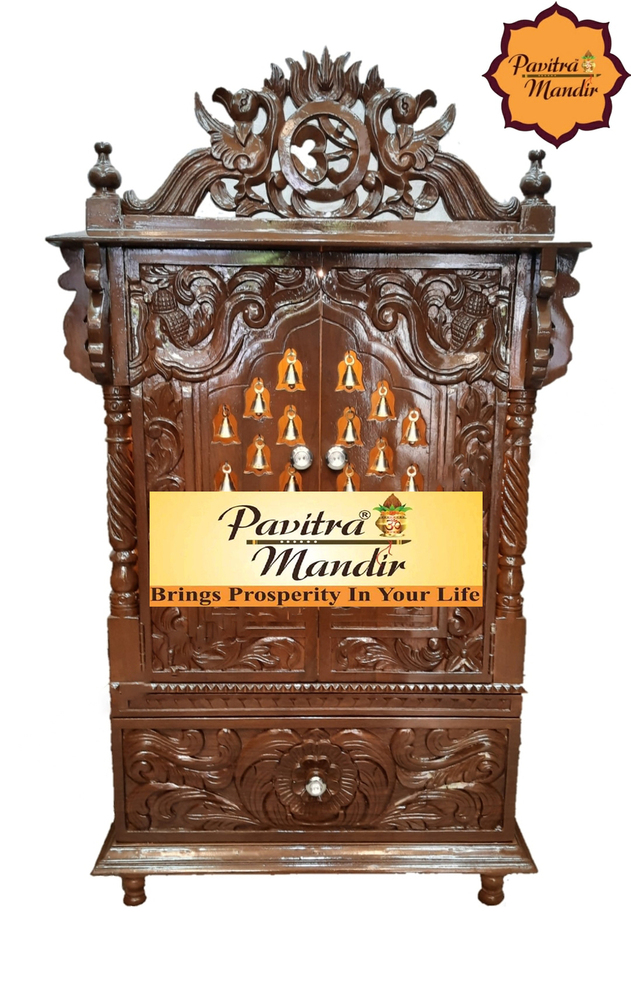 27" X 17" X 48" Burma Teakwood Carving Temple (Natural Polish) (With Door) (With 1 Big Drawer) - Color: Brown