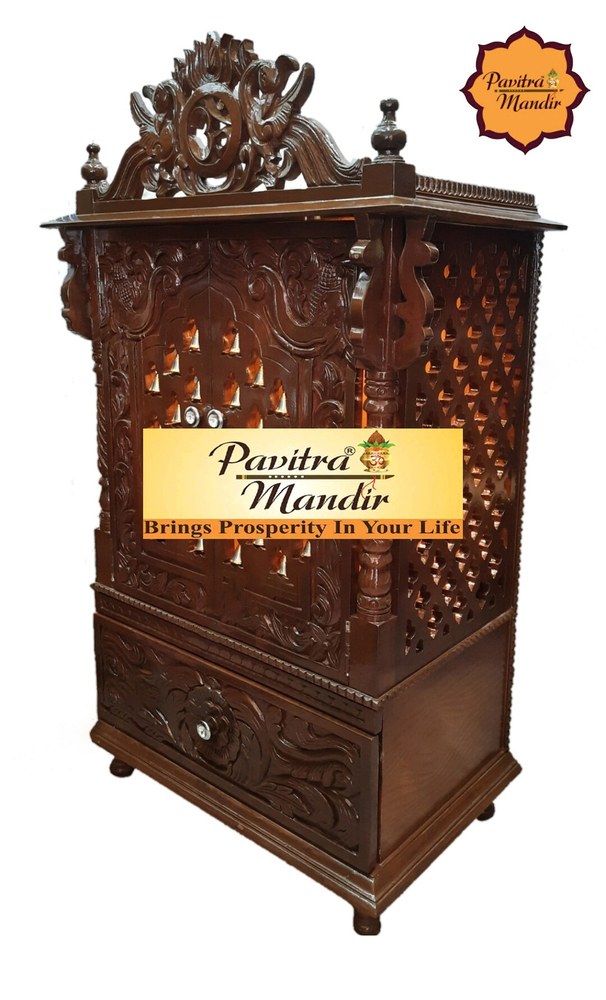 27" X 17" X 48" Burma Teakwood Carving Temple (Natural Polish) (With Door) (With 1 Big Drawer) - Color: Brown