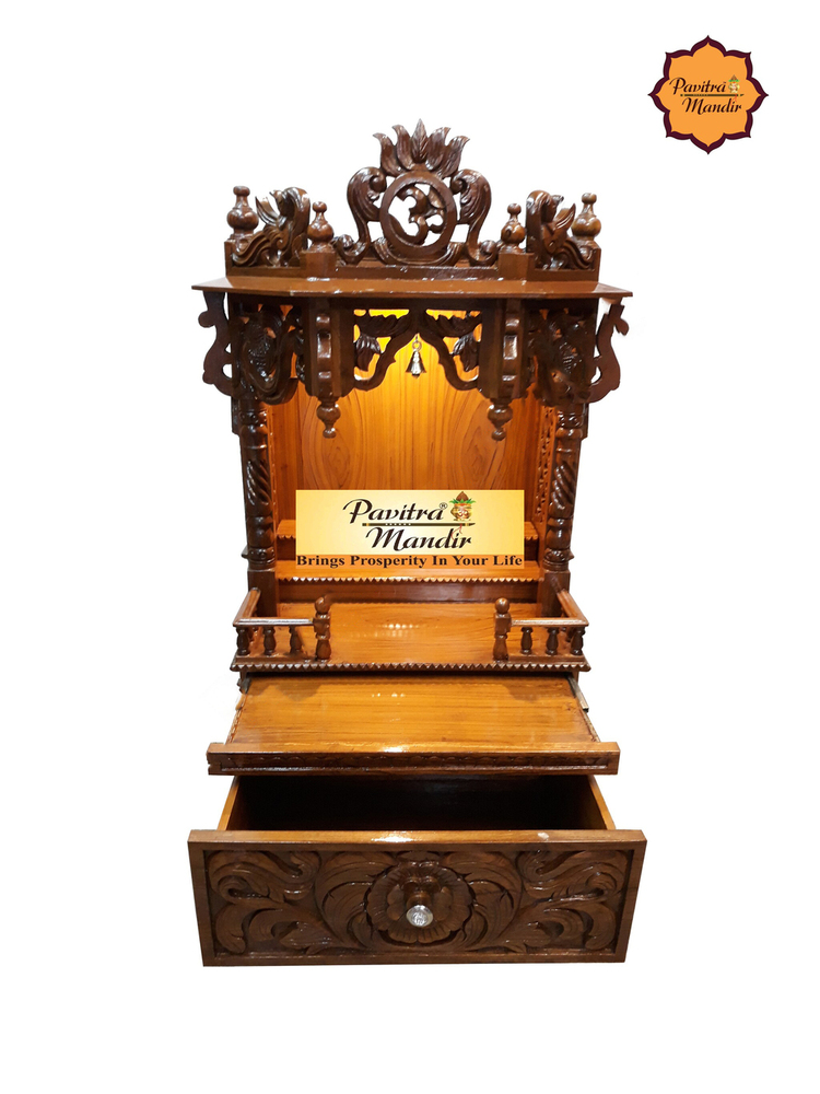 27" X 17" X 48" Burma Teakwood Carving Temple (Natural Polish) (Panchkoni) (With 1 Big Drawer) - Color: Brown