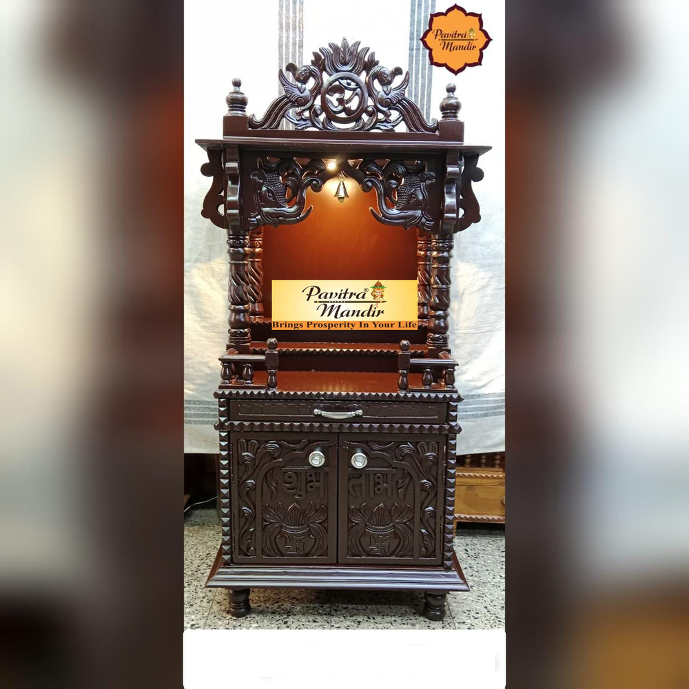 24" X 16" X 48" Burma Teakwood Temple (Rosewood Polish) (Balcony Design With Small Cabinet) - Color: Brown