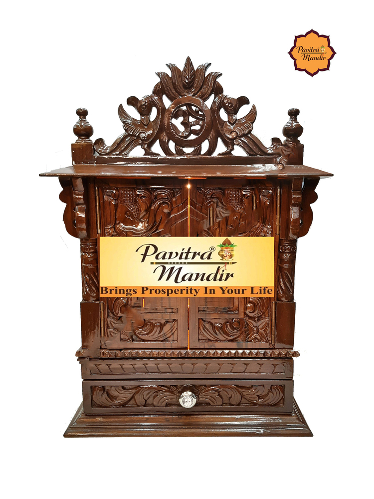 18" X 11" X 24'' Burma Teakwood Mandir (Natural Polish) (With Door) - Color: Dark Brown