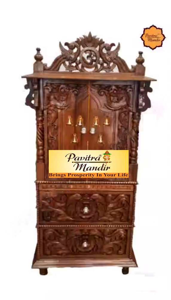24" X 17" X 54" Burma Teakwood Carving Temple (Natural Polish) (With Door) (With 2 Big Drawer) - Color: Brown
