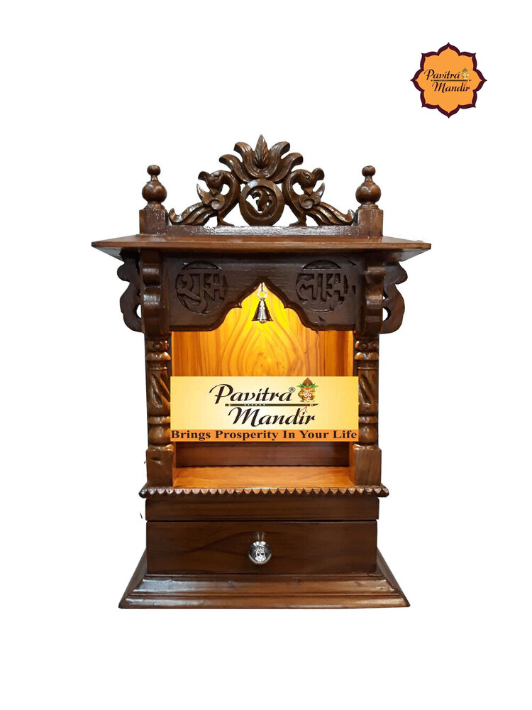 15" X 9" X 24" Burma Teakwood Mandir (Natural Polish) (With Side Jali) - Color: Natural Brown